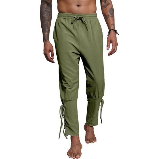 Pantalon Rétro En Lin Pour Homme - Taille élastique, Lacets Aux Chevilles, Style Médiéval Renaissance, 75% Coton 25% Lin