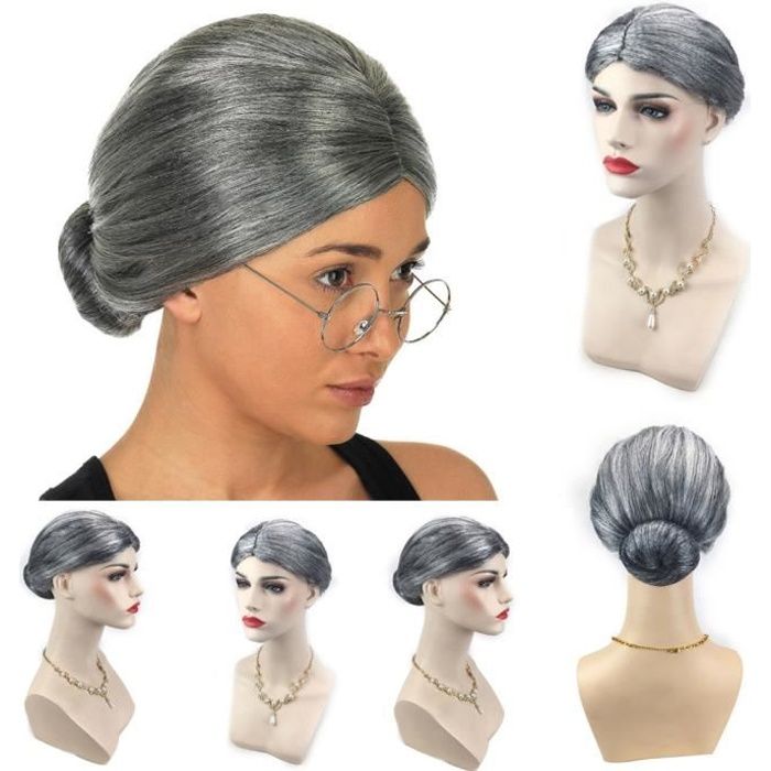 Vieille dame grand-mère granny perruque grise chignon cheveux grande mère déguisement Geekoko 1671