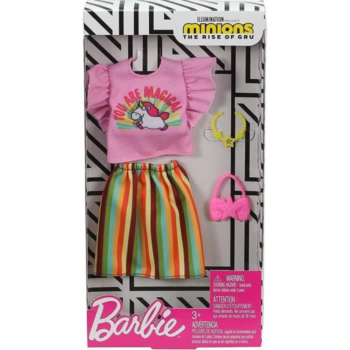 Barbie - Habit Poupee Mannequin Minions - Jupe Multicolor Avec Top Rose Licorne Avec Sac A Main Et Serre Tete - Vetement - Tenue -