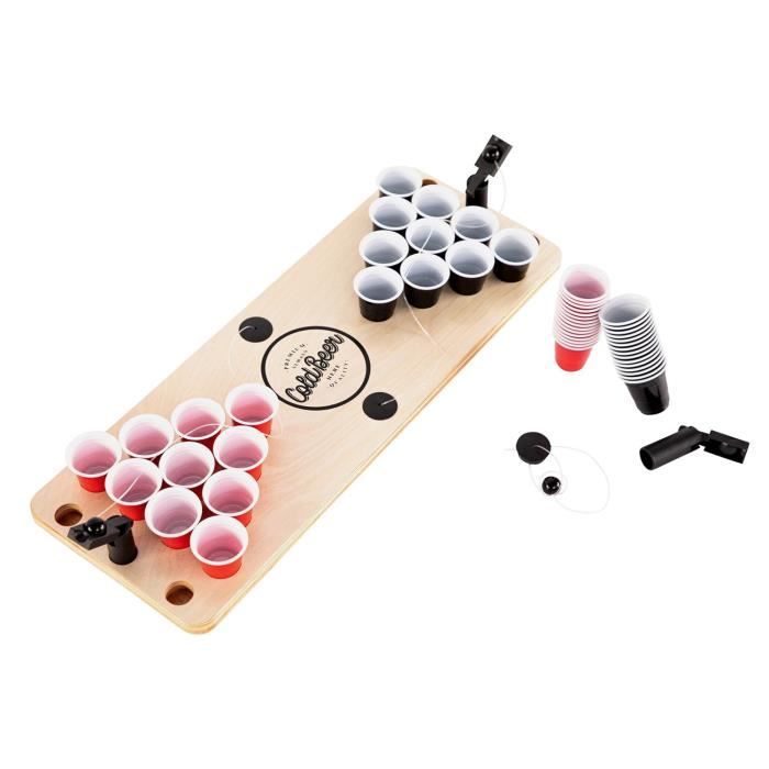 Table de Mini Beer Pong - BeerCup Ace - 25 gobelets noirs et rouges + 3 lanceurs de balles + 3 balles inclus