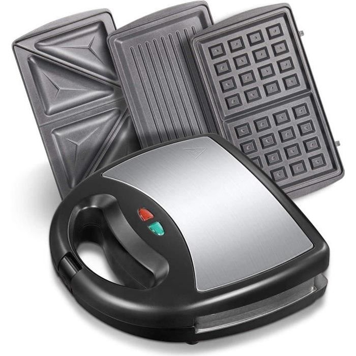 Gaufrier multifonction, Croque Monsieur, Grill et Gaufrier 3 en 1, Grande Puissance de 750W, Noir