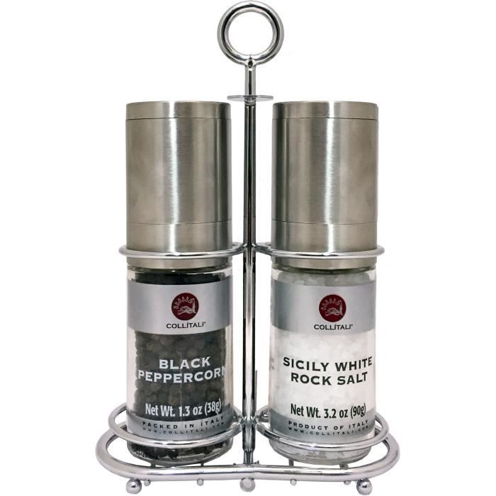COLLITALI SERVITEUR de TABLE 2 moulins rechargeables, mécanisme céramique , visse réglage mouture, Sel 90 g & Poivre noir 35 g