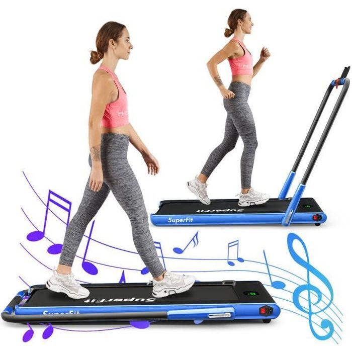 COSTWAY Tapis de Course Pliable Contrôlé APP Motorisé 12 Km/H Ecran LED Haut-parleur Bluetooth Moteur 0,75HP Roues Transport Bleu
