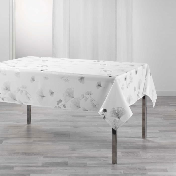 CDaffaires Nappe rectangle 150 x 240 cm polyester imprime metallise bloomy Blanc-argent