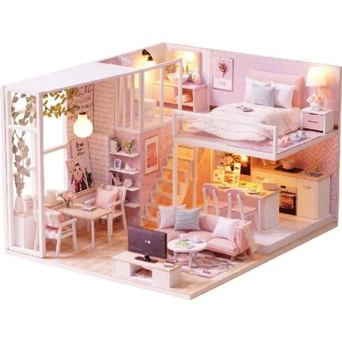 TEMPSA Mini Maison de poupée DIY Loft Appartement avec LED Pour Enfants de plus de 7 ans