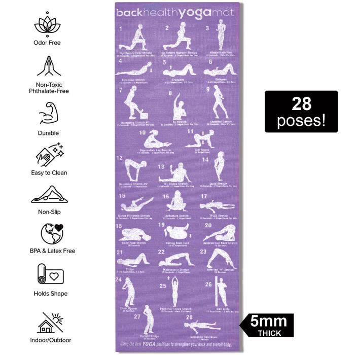 Tapis de yoga, tapis de gymnastique écologique de 5 mm d'épaisseur et sangle de transport, 28 postures Asana 180 cm x 60 cm,Lilac Pu