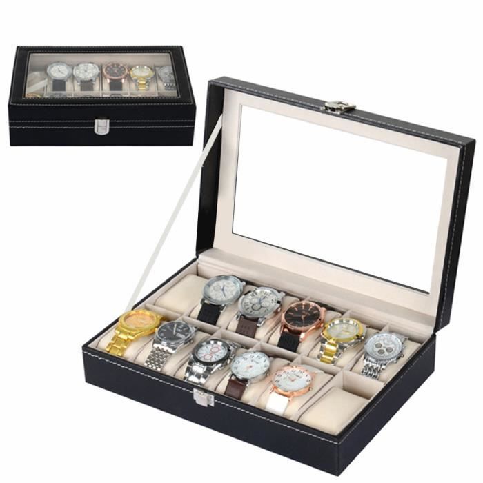Uten Coffret/Présentoir/Boîte à Montres Bijoux Coffret de rangement pour Montres, bracelets Imitation cuir noir (12 montres)