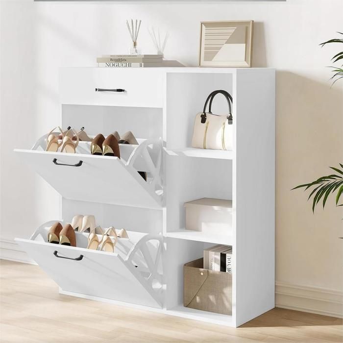 woltu meuble à chaussures, avec tiroir et compartiments rabattables et ouverts, armoire à chaussures, 80x90x30cm, blanc w0itt2072