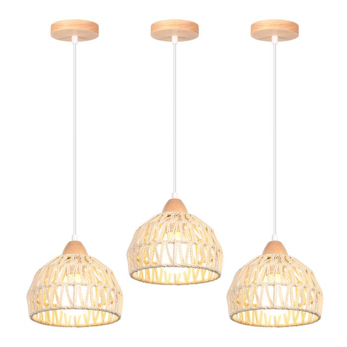 TOKIUS 3 Pièces Suspension Luminaire Moderne en Rotin Naturel Lustre E27 Papier Bohême Lampe Suspendue Blanc pour Salon Cuisine Bar