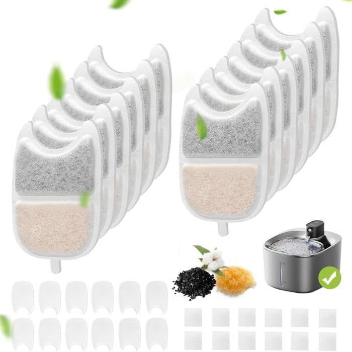 Comparer les prix de Filtres pour Fontaine à Chat,12pcs Filtre Fontaine Eau Chat et 24 Filtres Mousse Filtre de Rechange avec Résine et Charbon Actif