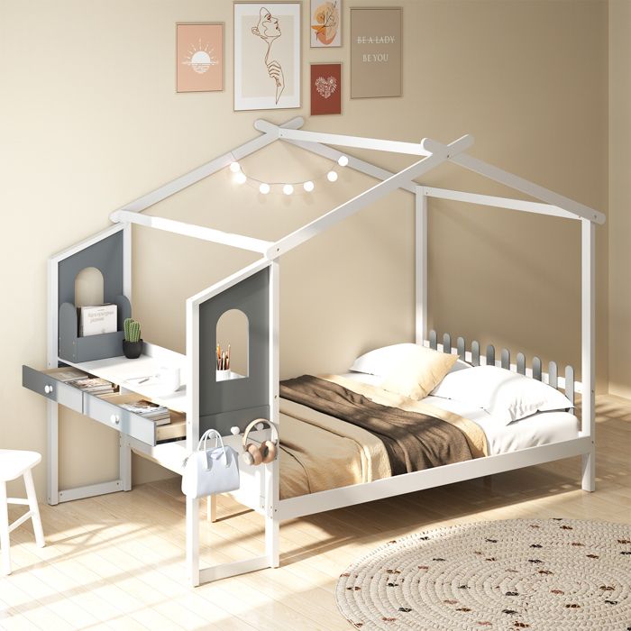 COSTWAY Lit Double 200 x 140cm avec Bureau Lit Plateforme avec Crochets et Tiroirs 18 Lattes en Bois Structure de Lit Blanc Gris