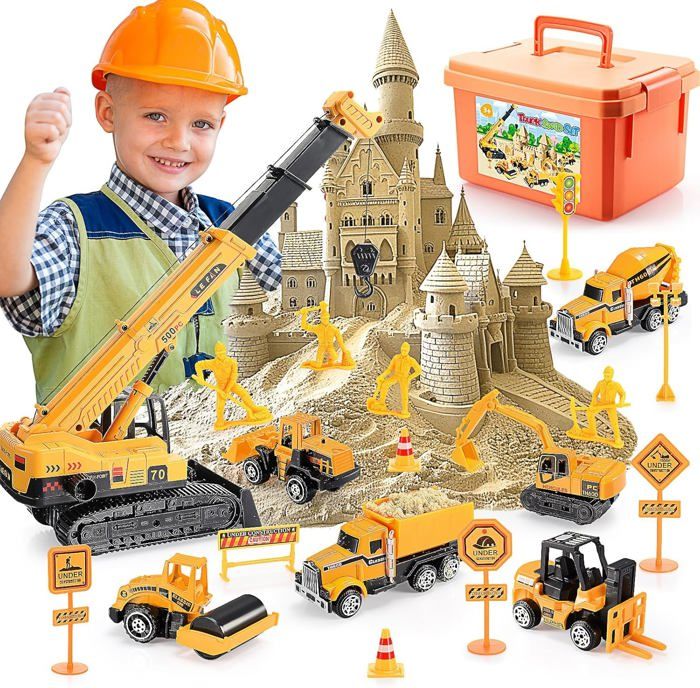 Kit Sable Magique Chantier - 1000g De Sable Cinétique + Engins, Bac Portable, Jeu Créatif Enfants 3-10 Ans