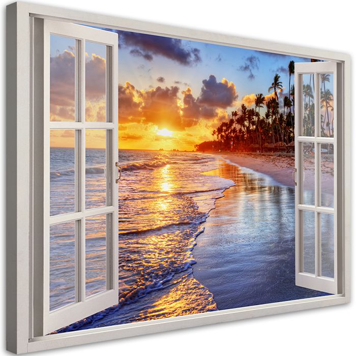 Tableau sur toile Fenêtre Mer coucher de soleil tableau sur toile ...