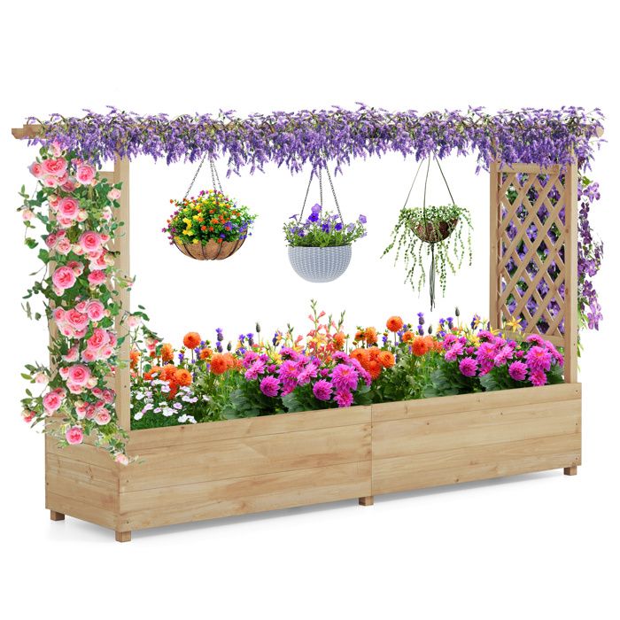 COSTWAY Jardinière en Bois de Sapin avec 2 Treillis Latéraux Toit Suspendu pour Plante Grimpante Trou de Drainage 200x44x114 cm