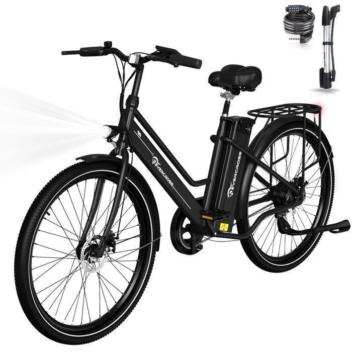 Vélo électrique adulte 26 EVERCROSS TECH EK8 – Batterie amovible 36V15.6Ah Moteur 250W Autonomie 100 km Freins à disque Noir