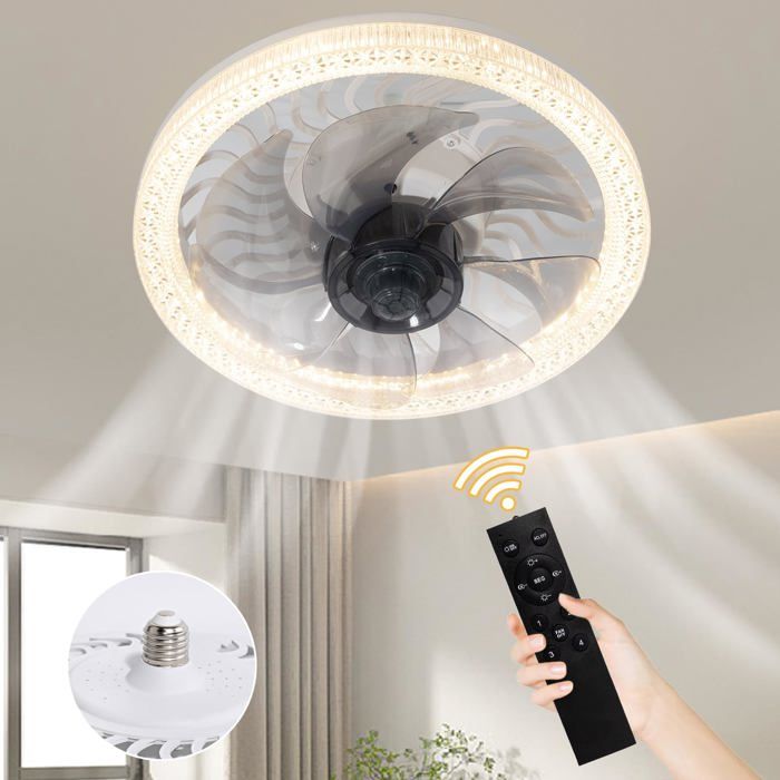 Ventilateur à télécommande LED blanc cristal blanc ventilateur de plafond trois couleurs changeantes 4 vitesses - Handeiu