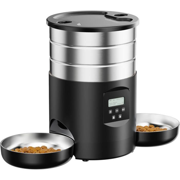 Comparer les prix de DISTRIBUTEUR DALIMENT - AMIS - Distributeur Croquettes Chat Double 5L InoxGamelle Électronique ProgrammablePetite/Moyenne