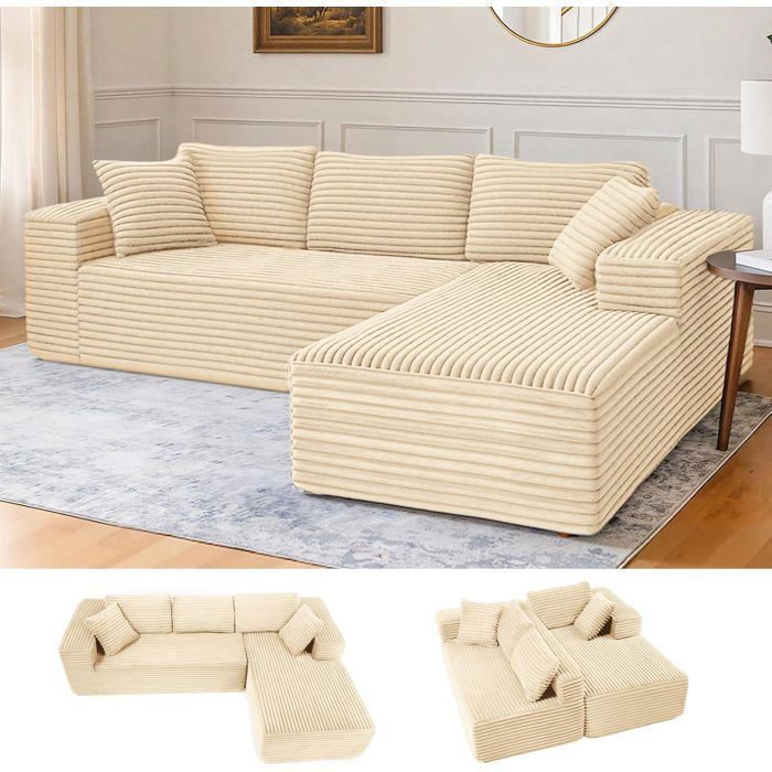 Canapé dangle L Réversible 4 places Canapé convertible modulaire Sans Assemblage en velours côtelé Beige