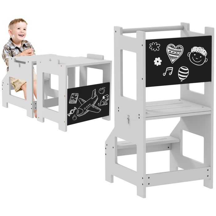 Tour dobservation enfant - tour dapprentissage - 3 en 1 - avec barreau hauts rebords de sécurité et tableau noir - gris