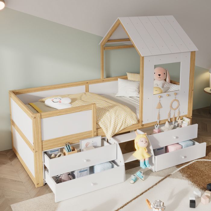 Lit denfant 90 x 200 cm avec toit et fenêtre lit Maison Enfant Demi-Haut avec 4 Tiroirs et Escalier Pin et MDF Blanc et Naturel Lit denfant 90 x 200 cm avec toit et fenêtre lit Maison Enfant Demi-Haut avec 4 Tiroirs et Escalier Pin et MDF Blanc et Naturel