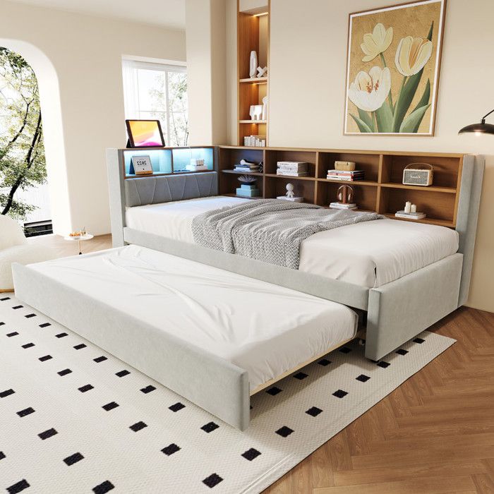 Lit gigogne 90x200 cm - Avec LED - Prise de courant - Gris clair (matelas non inclus) Lit gigogne 90x200 cm - Avec LED - Prise de courant - Gris clair (matelas non inclus)