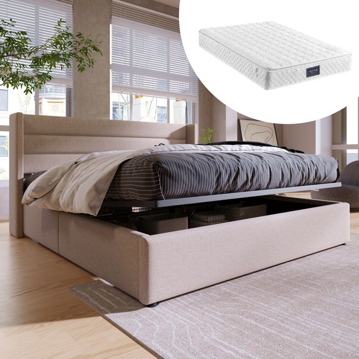 Lit double - TRUXEN8 - 140x200cm - Beige - Matelas inclus - Sommier hydraulique