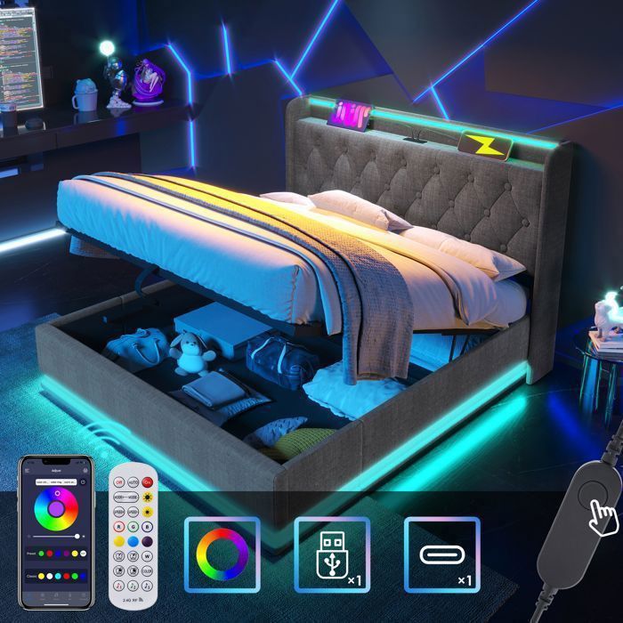 Lit coffre garçon 90X200 cm - Lit enfant simple avec LED - avec USB et Tpye - C - Sommier inclus - Gris