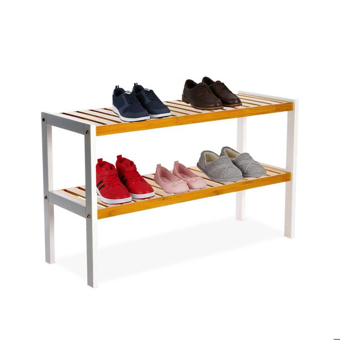 Étagère à chaussures Relaxdays H x L x P : 33 x 70 x 26 cm en bambou 2 niveaux 6 paires de chaussures naturel/blanc