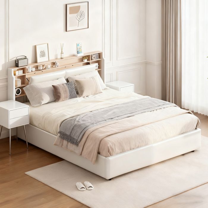 Lit coffre 140x190 - SMYZ - LED intégrée - Sommier 12 lattes - Revêtement PU blanc