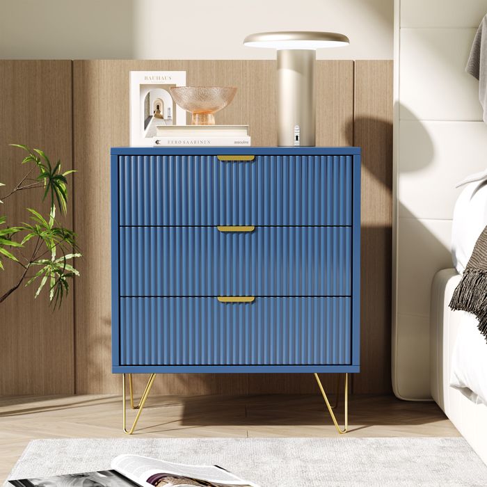 Commode avec trois tiroirs - 60x40x70cm - bleu marine avec Manche et Pieds Couleurs Dorées - pour Chambre Salon Bureau - Moderne