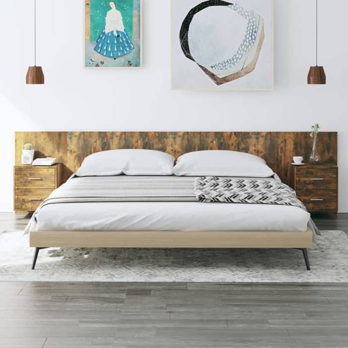 Tête de lit avec armoires - vidaXL - Chêne fumé - Bois dingénierie - 200x1 5x80 cm - Tables de chevet flottantes Tête de lit avec armoires - vidaXL - Chêne fumé - Bois dingénierie - 200x1 5x80 cm - Tables de chevet flottantes