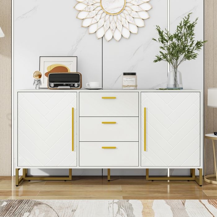 Buffet à chevrons - avec 2 portes et 3 tiroirs pour salle à manger - cuisine et salon (blanc)
