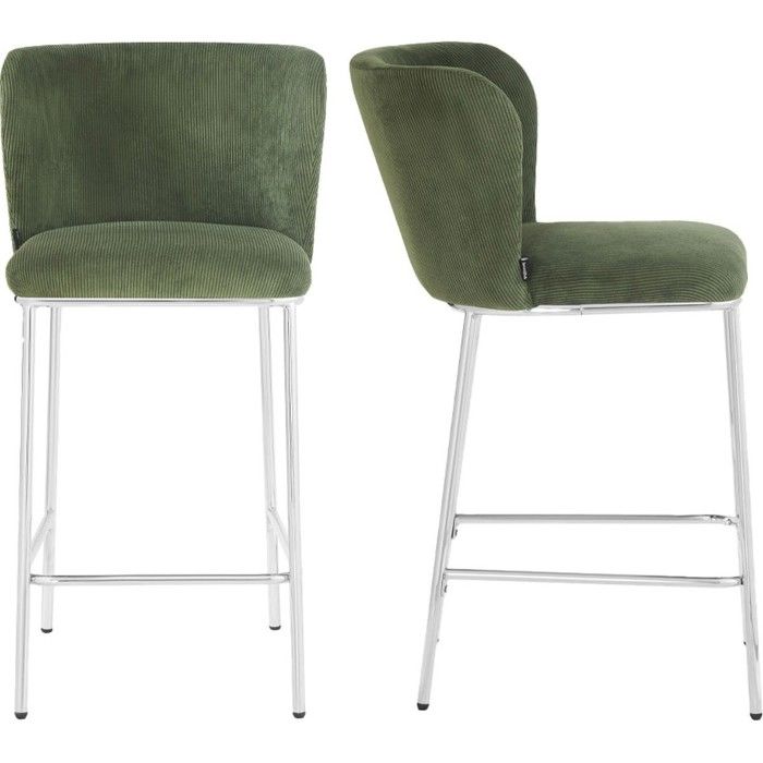 Lot de 2 tabourets de bar en velours côtelé vert kaki piètement chromé - Toma Lot de 2 tabourets de bar en velours côtelé vert kaki piètement chromé - Toma