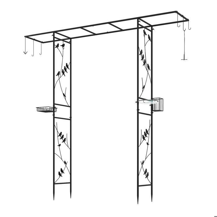 Arche de Jardin avec Treillis 212x40x213 cm COSTWAY-avec Bol dEauPlateau en FiletMangeoire pour Attirer Oiseaux-7 Crochets-Noir