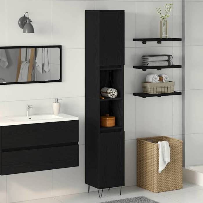 SALE 2026 Armoire de salle de bain Noir - Cabinet de salle de bain avec porte Chêne noir 30x30x190cm PRO787133625