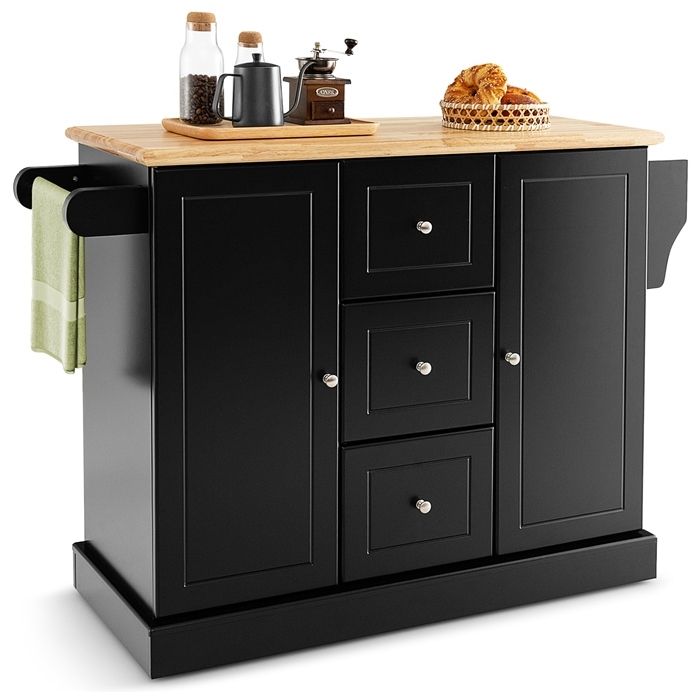 GIANTEX Desserte de Cuisine à Roulettes- Étagères Réglables- 3 Tiroirs- 2 Armoires à Porte- Chariot de Service- 127x46x915cm- Noir