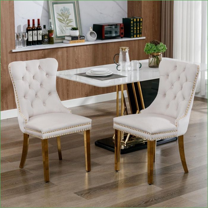 Chaises de salle à manger - A&amp A Furniture - Nikki Collection Velours Tuftée Pieds Or Ornements Cloués - Beige - Set de 2