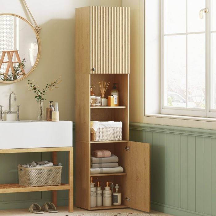 Armoire de salle de bain haute 6 niveaux 2 placards 2 étagères ouvertes compartiments ouverts bois couleur chêne