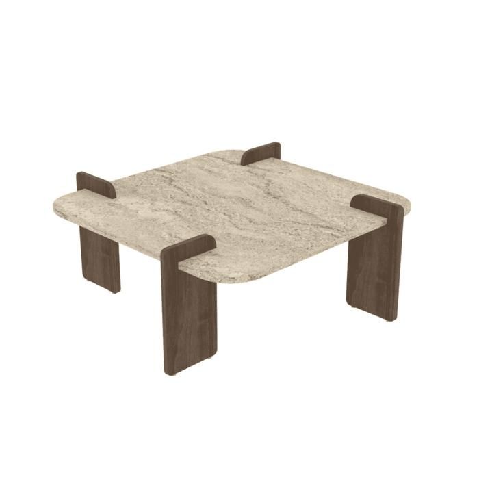 CALICOSY - Table basse carré et bords arrondis L90 cm ORIGIN - Travertin/ Noyer