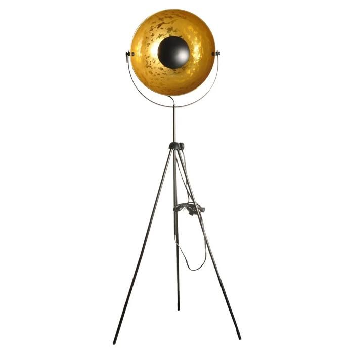 Lampadaire Trépied Industriel Moderne avec Projecteur Orientable en Finition Dorée Craquelée et Hauteur Réglable