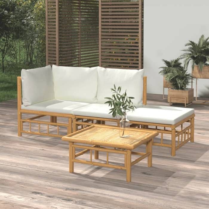 NEW 2026 Salon de jardin lot de 4 Meuble pour 3 personnes avec coussins blanc crème bambou 55x65x30 cm S1352