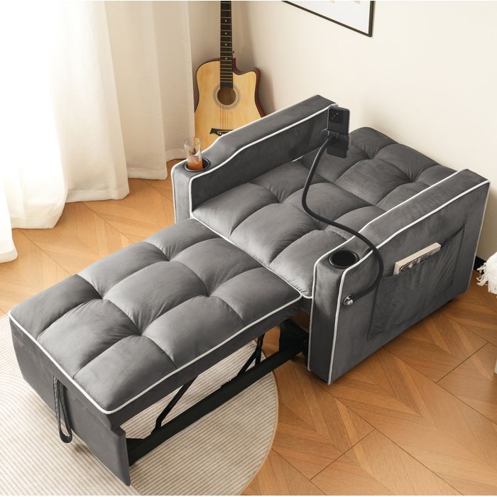 Fauteuil convertible 3-en-1 en velours gris foncé antique avec porte-gobelets et support téléphone