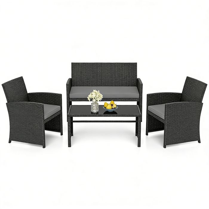 GIANTEX Salon de Jardin Exterieur en Rotin PE 4 Pièces Canapé 2 Places 2 Fauteuils Table Basse avec Plateau en Verre Gris