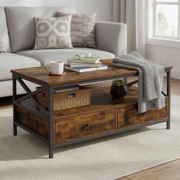 Table Basse de Salon avec 2 Tiroirs et Un Compartiment Ouvert 1001 x 551 x 451 cm Style Industriel Marron et Noir