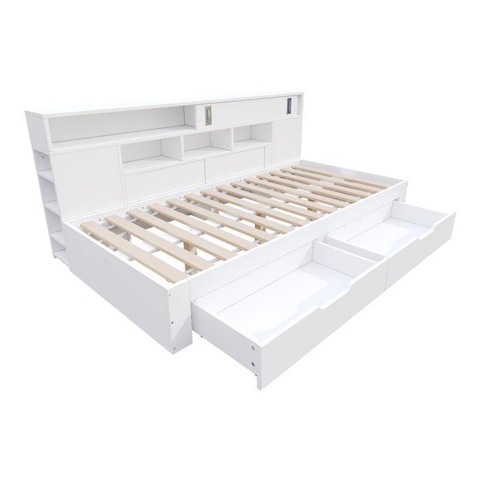 Lit de repos- lit avec rangement 140x200 cm- avec tiroirs- étagères et armoires de rangement- MDF- blanc- sans matelas Lit de repos- lit avec rangement 140x200 cm- avec tiroirs- étagères et armoires de rangement- MDF- blanc- sans matelas