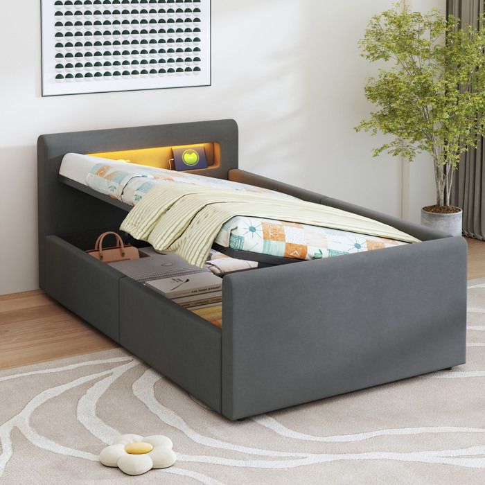 Lit enfant gris foncé 90×200 cm rangement hydraulique LED et USB sommier inclus sans matelas