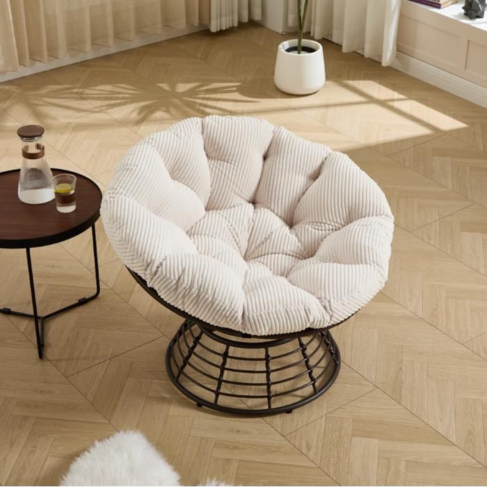 Fauteuil Papasan Pivotant 360° avec Coussin Moelleux- Fauteuil de Jardin - Siège Rond Détente pour Salon Balcon et Terrasse blanc
