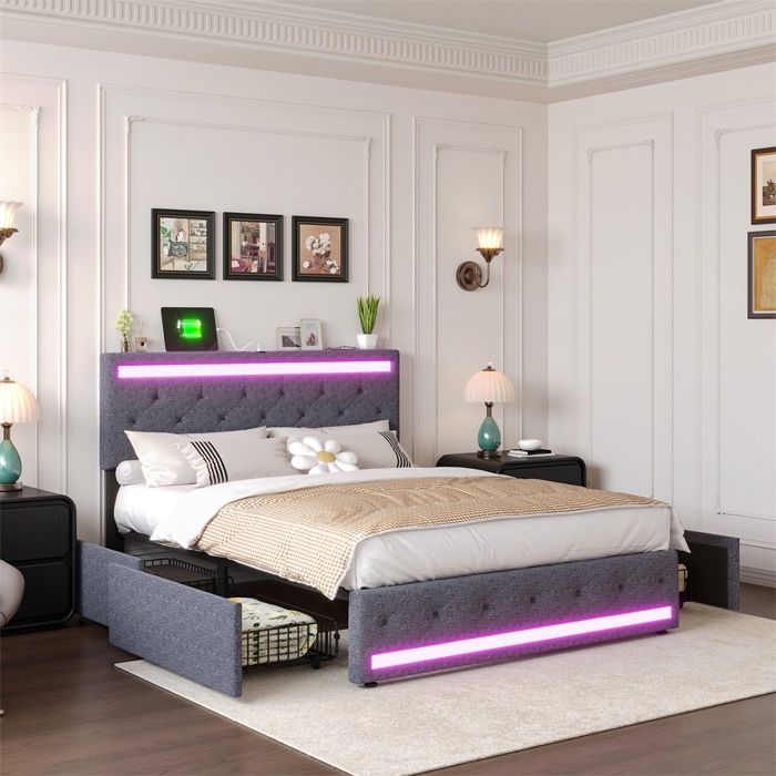 Lit 140x190cm - Lit Double 140x190 - avec 4 Tiroirs LED (Tête et Pied) & Station de Charge (USB/Type-C) - Sans matelas - Gris