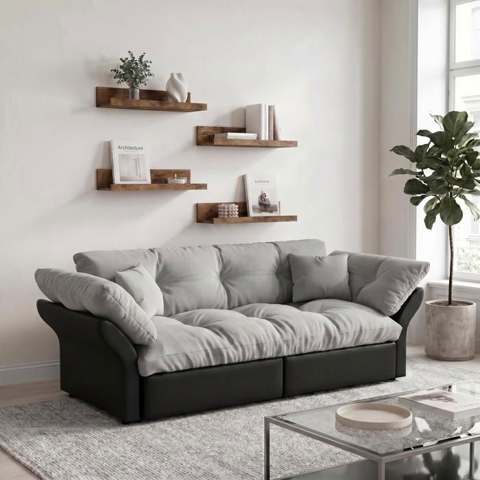 Canapé 3 places - FURNITURER - FurnitureR - Convertible - Tissu gris/noir - 4 étagères murales bois brun