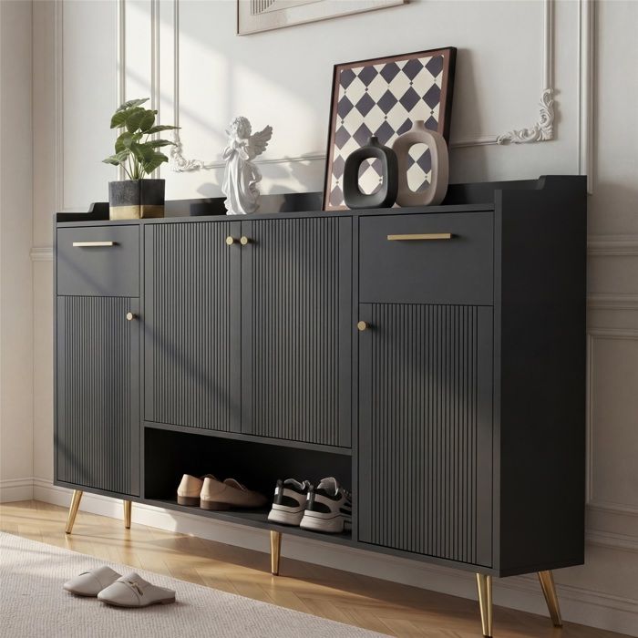 Meuble à chaussures avec 2 tiroirs et 4 portes – Pieds métal – 130 cm noir Meuble à chaussures avec 2 tiroirs et 4 portes – Pieds métal – 130 cm noir